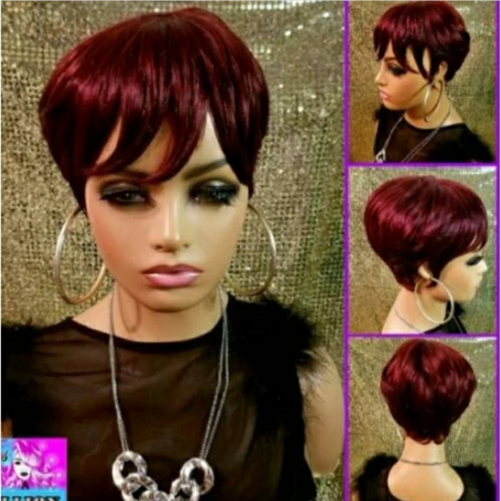 Virgin Hair Missy Elliot" Burgundy Short pixie cut wig, brazilian Virgin Hair